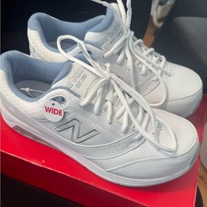 New Balance White and Light Blue Sneakers
